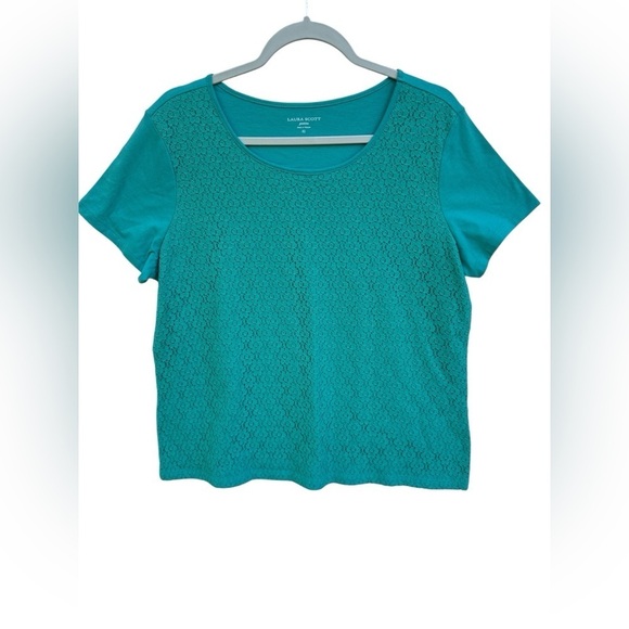 Laura Scott Tops - Laura Scott Teal Lace Short Sleeve Tee